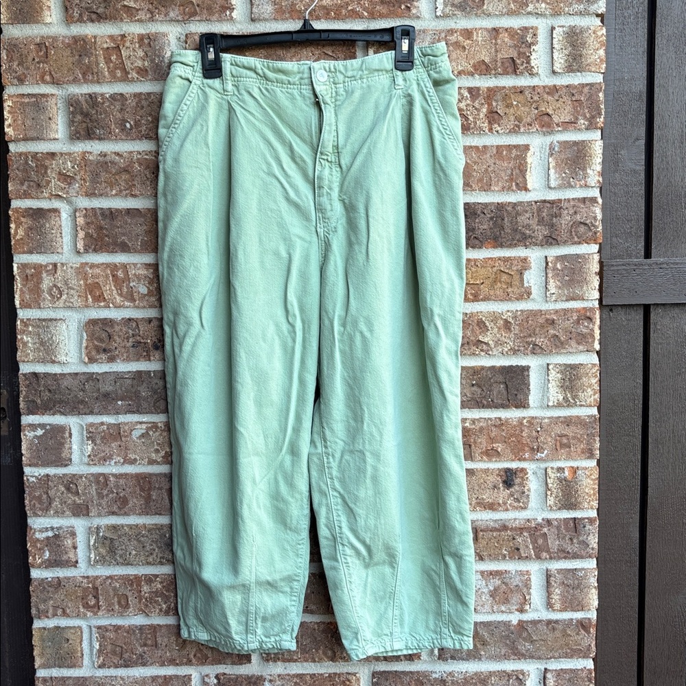 Pilcro anthropologie sage green barrel jeans pleated